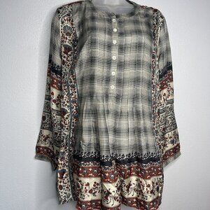 NWT Coldwater Creek SZ PL Silk Long Sleeve Button Front Tunic Blouse Blue Red